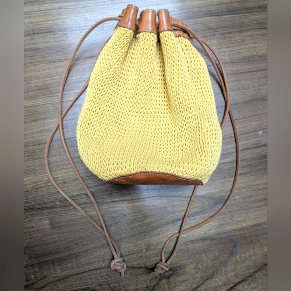 VTG Talbots Yellow Boho Woven Crochet Leather Drawstring Small Bucket Handbag